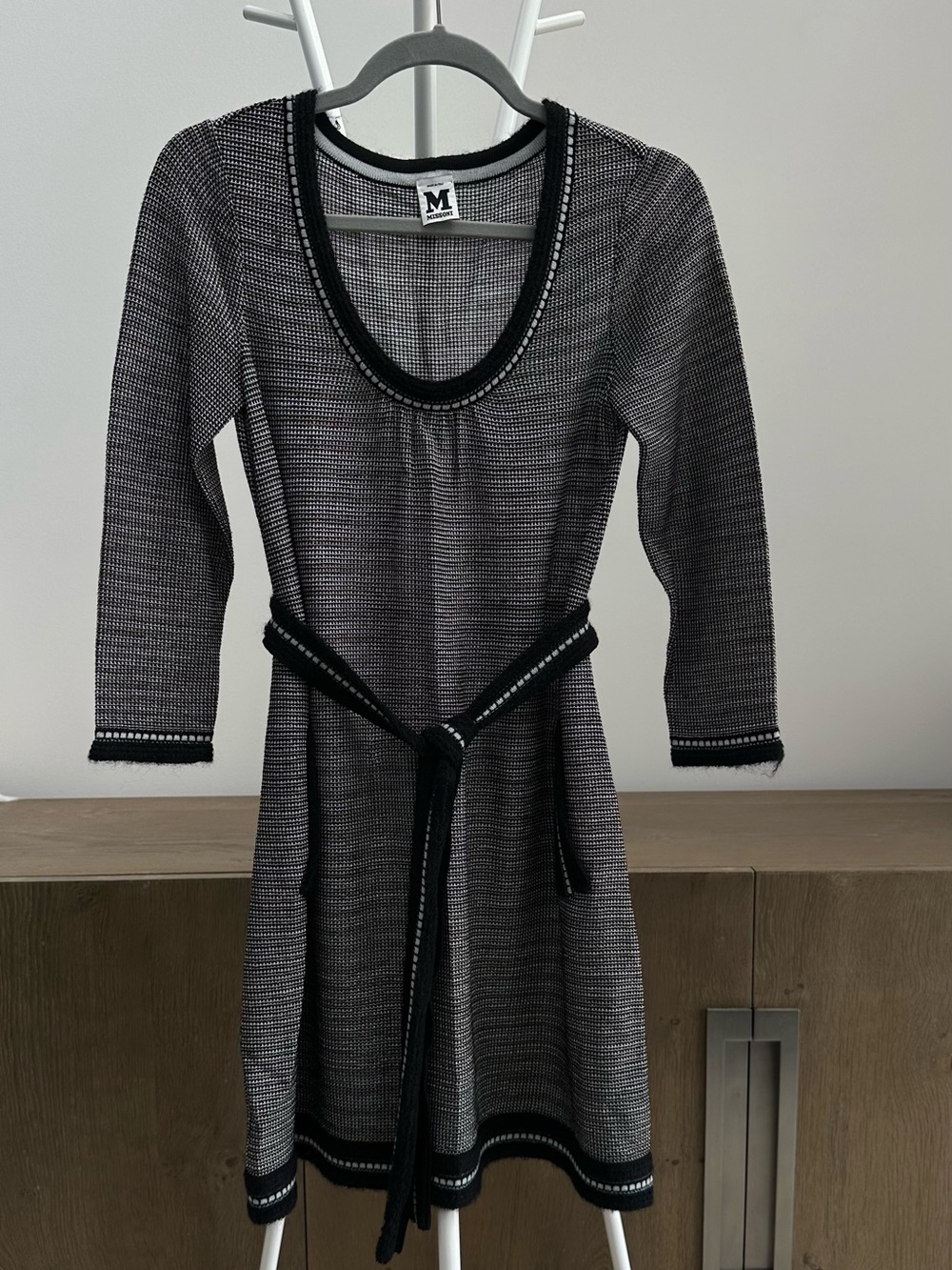 Missoni Black, Beige, Blue & White Textured Knit Dress with Contrast Trim